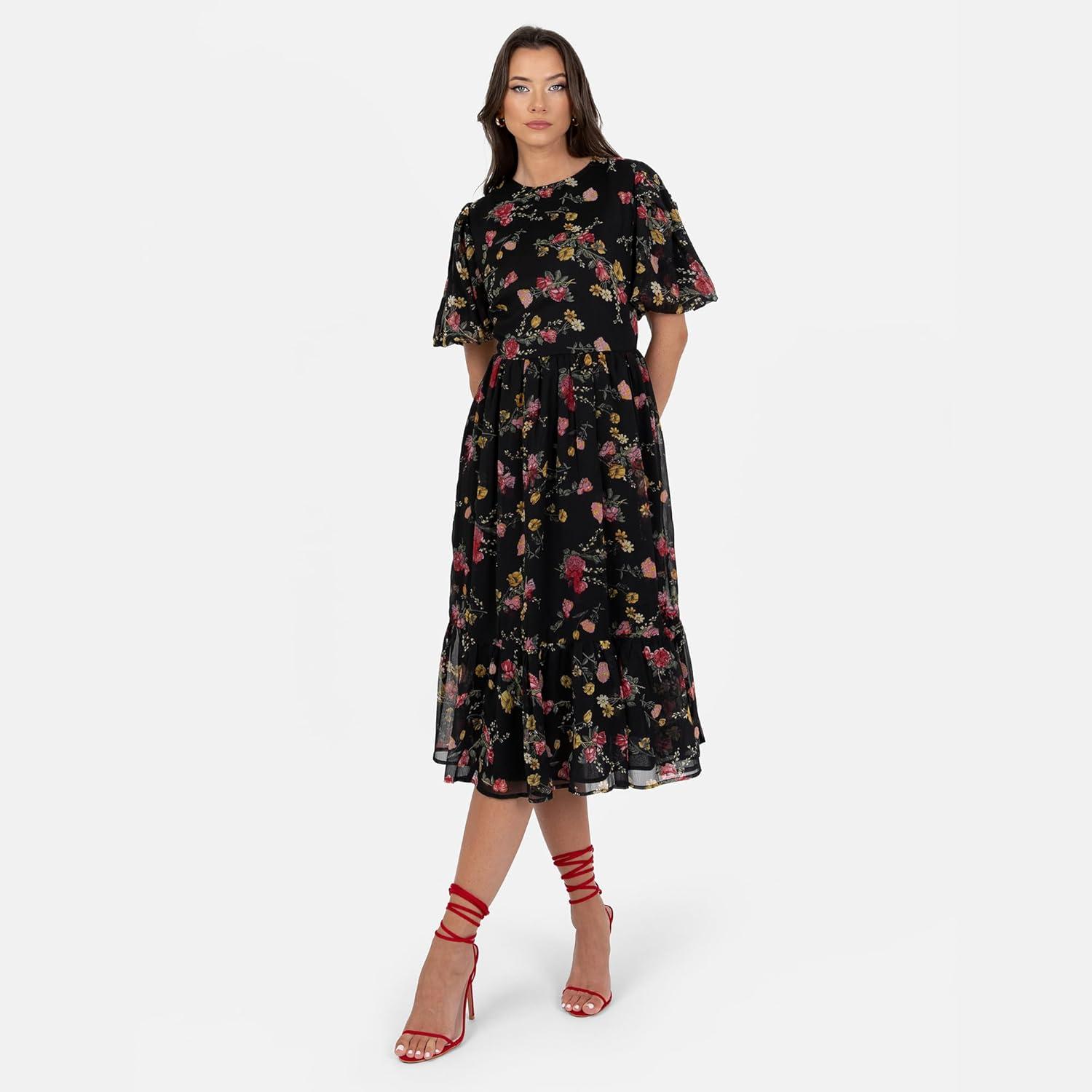 imageLovedrobe Womens Midi Dress Ladies Round Neck Short Puff Sleeve Frilly Ruffle Detail Tie Back Printed ALine Smart Casual Imprim Floral 40