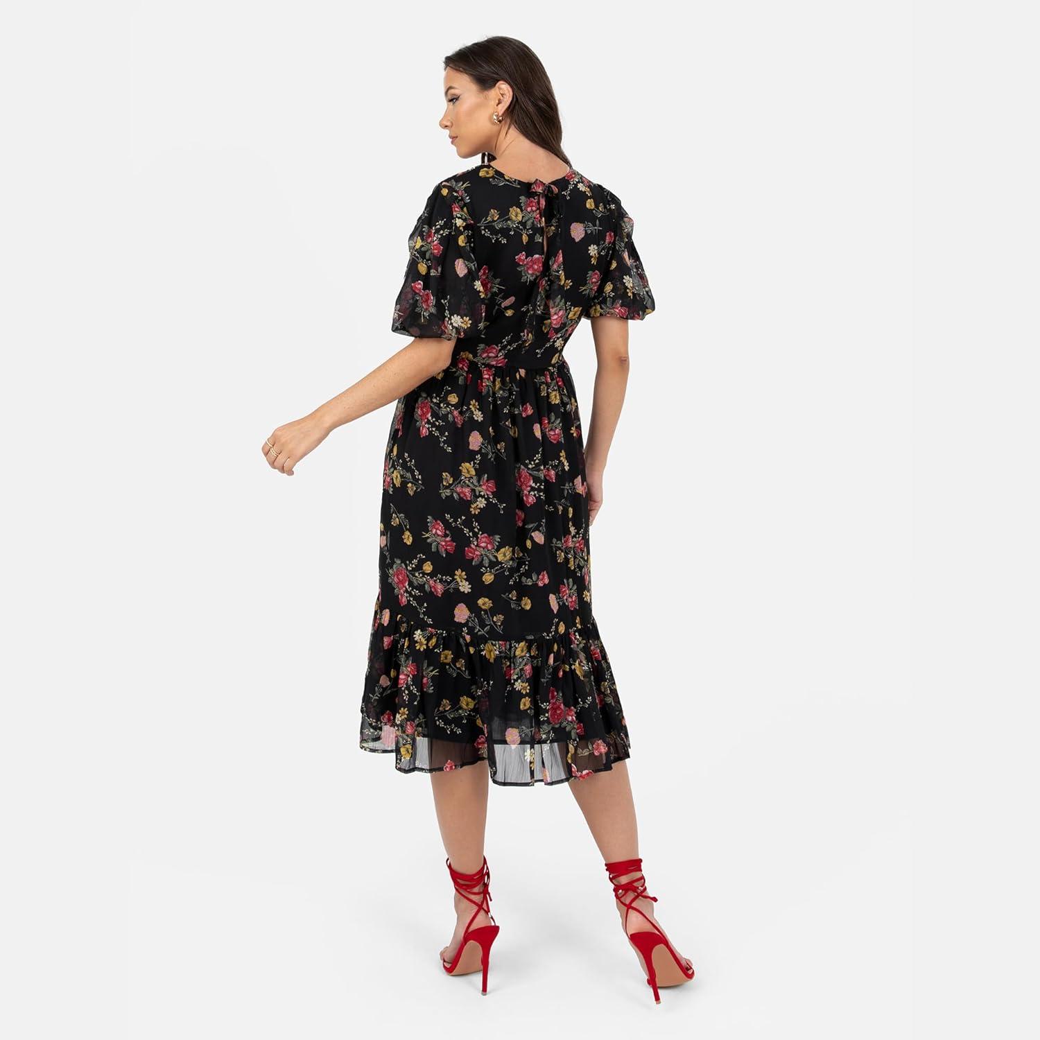 imageLovedrobe Womens Midi Dress Ladies Round Neck Short Puff Sleeve Frilly Ruffle Detail Tie Back Printed ALine Smart Casual Imprim Floral 40