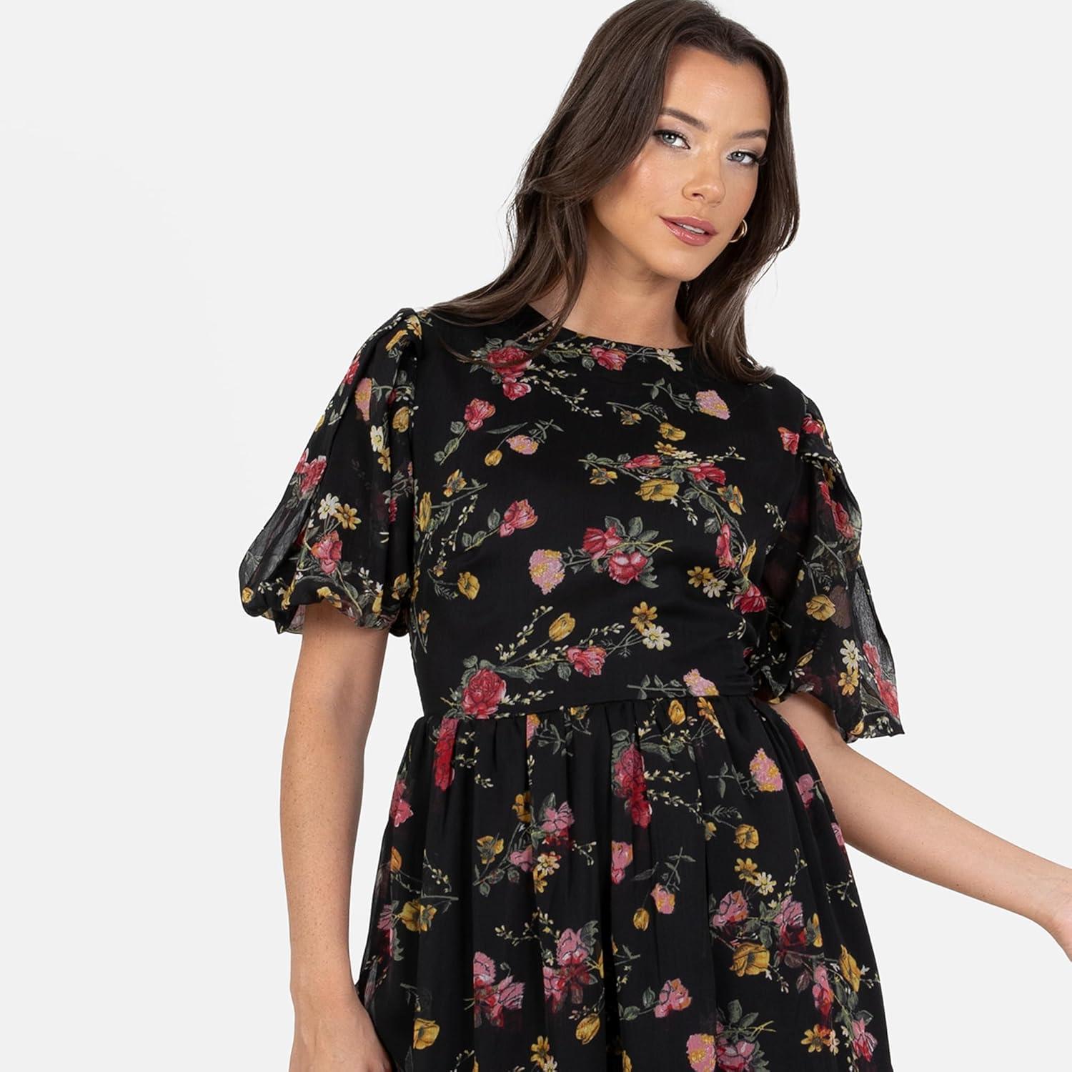 imageLovedrobe Womens Midi Dress Ladies Round Neck Short Puff Sleeve Frilly Ruffle Detail Tie Back Printed ALine Smart Casual Imprim Floral 40