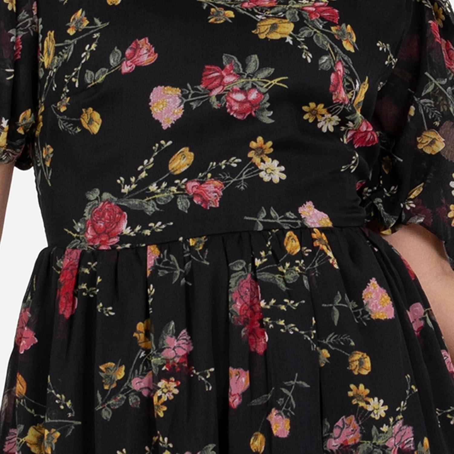 imageLovedrobe Womens Midi Dress Ladies Round Neck Short Puff Sleeve Frilly Ruffle Detail Tie Back Printed ALine Smart Casual Imprim Floral 40