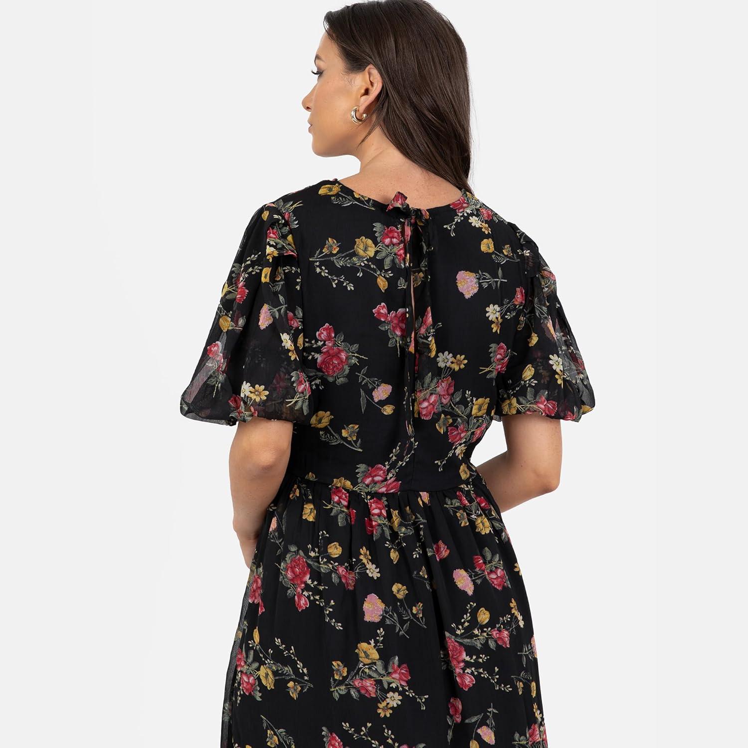 imageLovedrobe Womens Midi Dress Ladies Round Neck Short Puff Sleeve Frilly Ruffle Detail Tie Back Printed ALine Smart Casual Imprim Floral 40