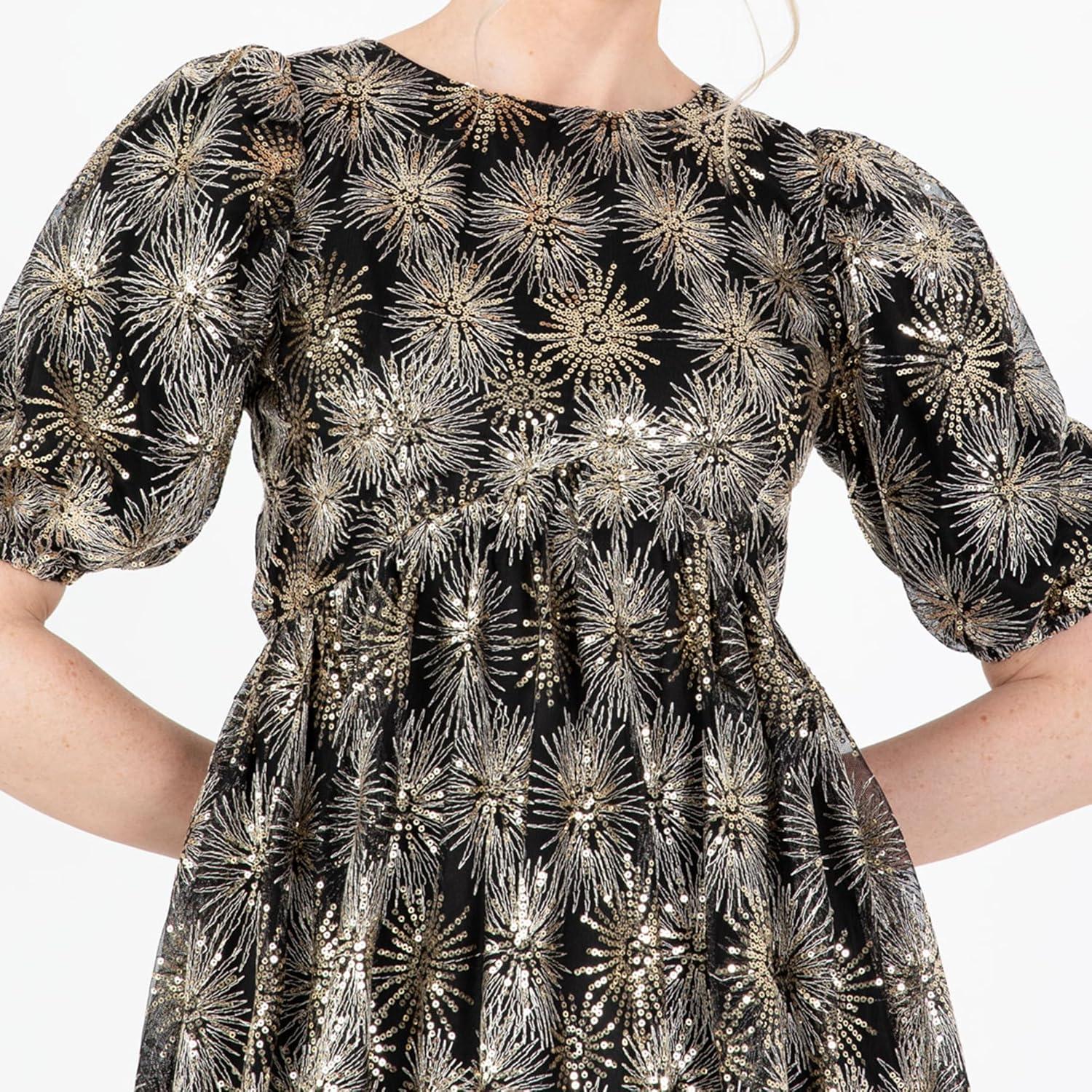 imageLovedrobe Womens Midi Dress Ladies Short Puff Sleeve Mesh Star Sequin Embellished Round Neck ALine for Party Cocktail Evening Robe FemmeOr