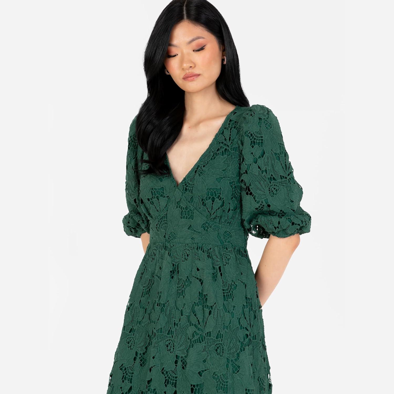 imageMaya Deluxe Womens Midaxi Dress V Neckline Puff Sleeve Lace ALine for Wedding Guest Bridesmaid Cocktail Prom Evening OccasionEmerald Green