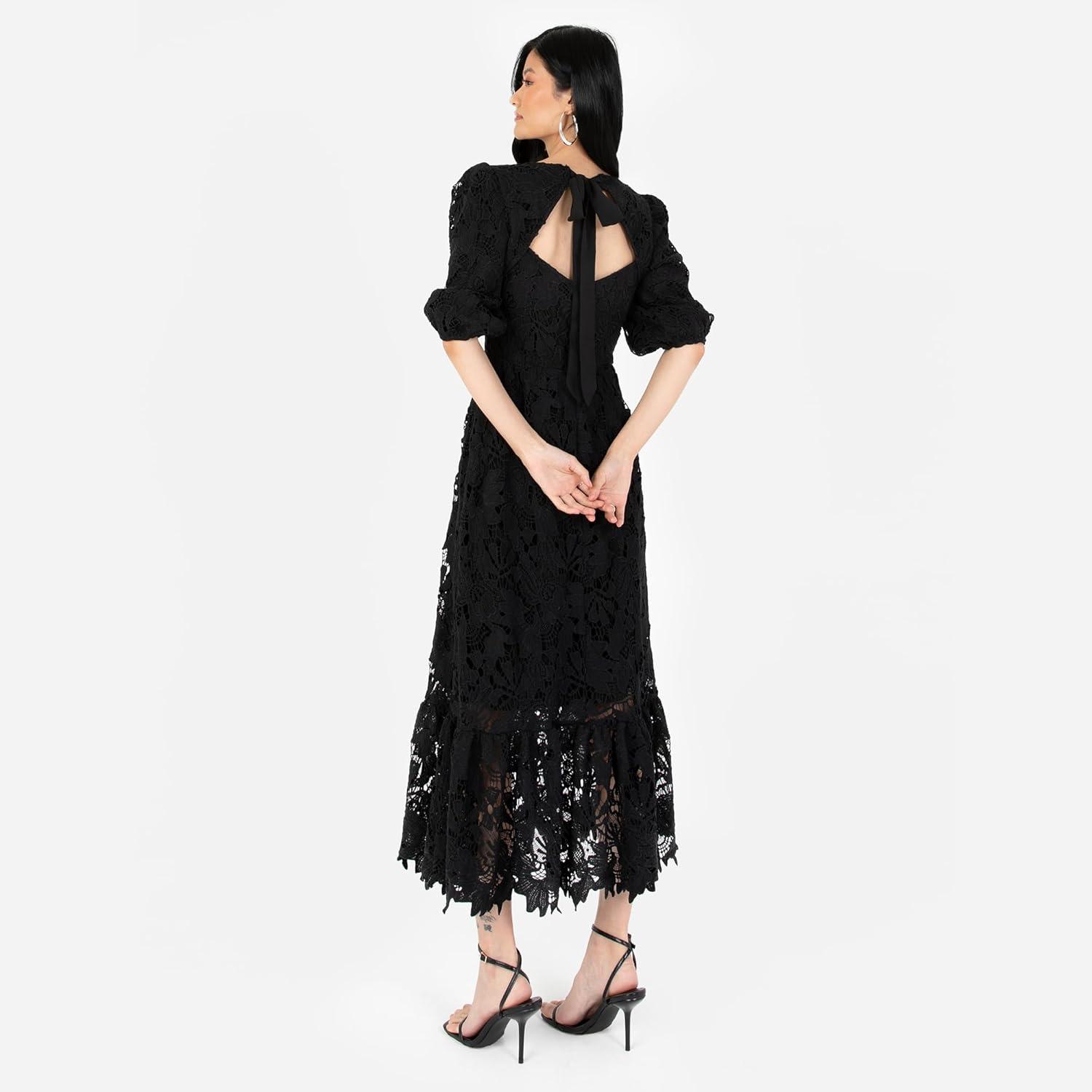 imageMaya Deluxe Womens Midaxi Dress V Neckline Puff Sleeve Lace ALine for Wedding Guest Bridesmaid Cocktail Prom Evening OccasionNoir