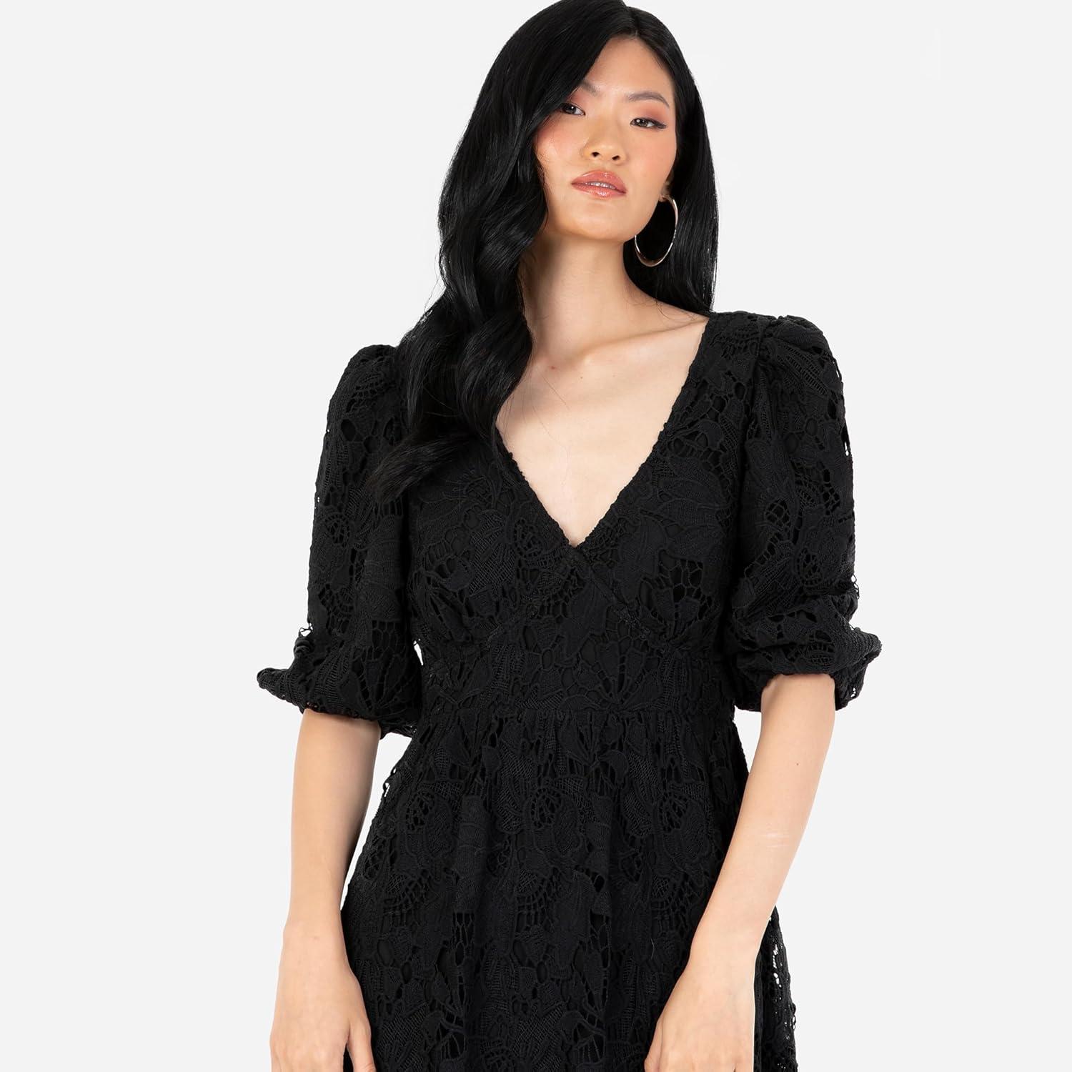 imageMaya Deluxe Womens Midaxi Dress V Neckline Puff Sleeve Lace ALine for Wedding Guest Bridesmaid Cocktail Prom Evening OccasionNoir