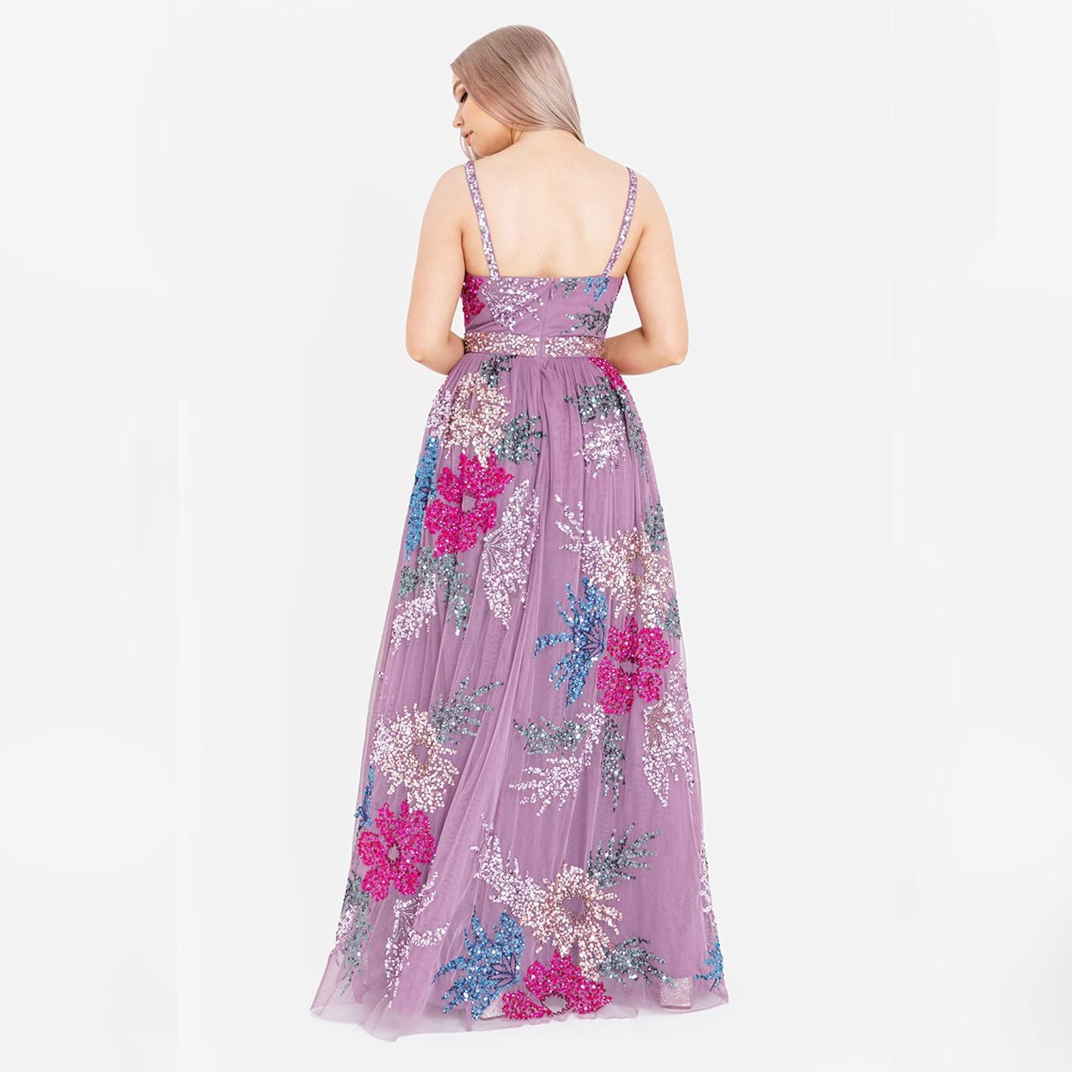 imageMaya Deluxe Womens Sequin Dress for Ladies Maxi Stripes Floral Embellishment Sleeveless Wedding Guest Prom Bridesmaid Robe Formelle FemmeMauve