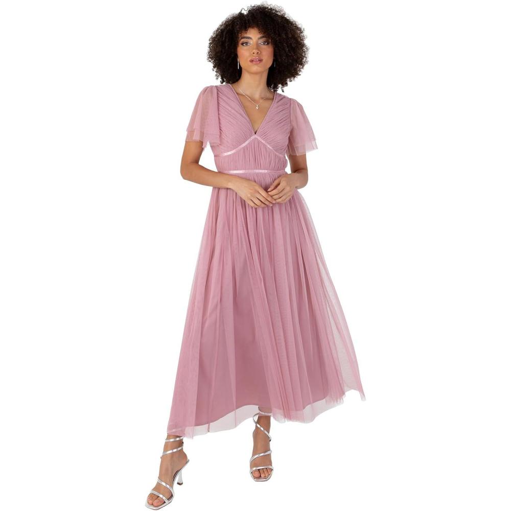 imageAnaya with Love Womens Ladies Midaxi Dress VNeck Short Flutter Sleeve Ribbon ALine Tulle for Bridesmaid Wedding Guest Prom Ball Gown FemmeBridal Rose