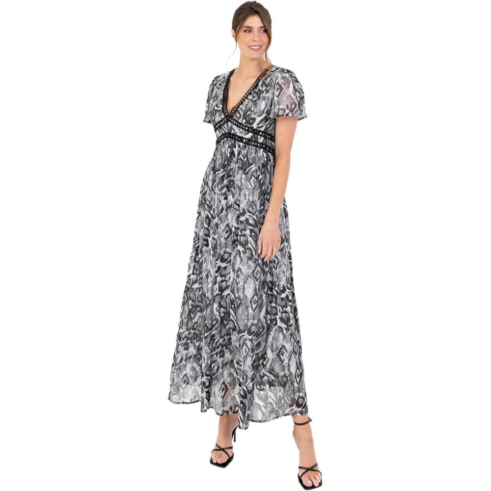 imageLovedrobe Womens Ladies Maxi Dress Short Angel Sleeve VNeck Floral Animal Print Empire ALine Casual Wedding Guest Occasion Dress Femme Lot de 1Gris