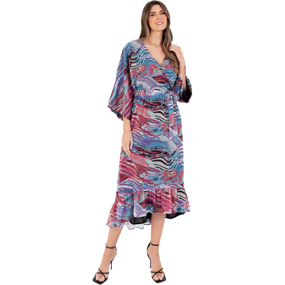 imageLovedrobe Womens Ladies Maxi Dress VNeck Kimono Half Sleeve Wrap Front HighLow Hem Abstract Floral Print Waist Tie ALineMulticolore