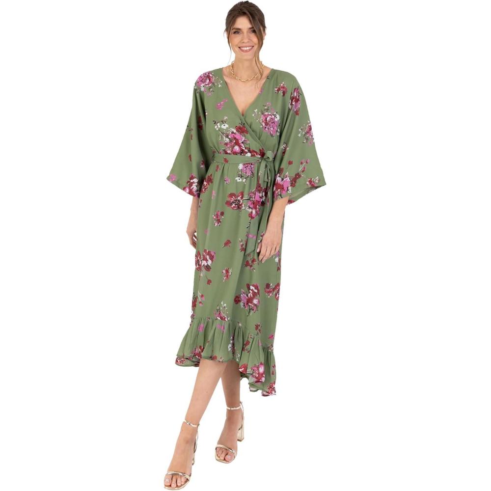imageLovedrobe Womens Ladies Maxi Dress VNeck Kimono Half Sleeve Wrap Front HighLow Hem Abstract Floral Print Waist Tie ALineVert