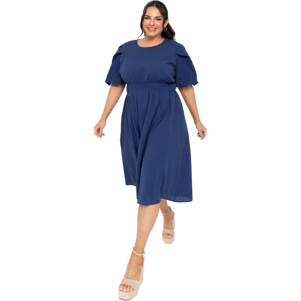imageLovedrobe Womens Ladies Midi Dress Round Neck Short Puff Sleeves Crossover Elasticated Waist Leaf Print Textured ALine Casual Robe Femme Lot de 1Bleu