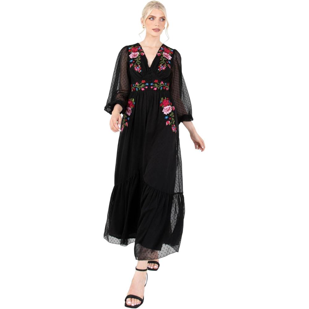 imageLovedrobe Womens Maxi Dress Ladies Embroidered Long Sleeve VNeck Floral Split Slit Sheer Embellished Button Front ALine Boho Robe Femme Lot de 1Noir