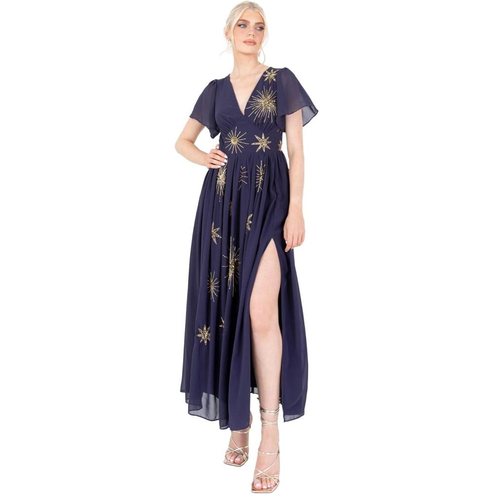 imageLovedrobe Womens Maxi Dress Ladies Star Sequin Bead Embellished Flutter Sleeve VNeck ALine Split Slit Casual for Evening Party Robe Femme Lot de 1Navy
