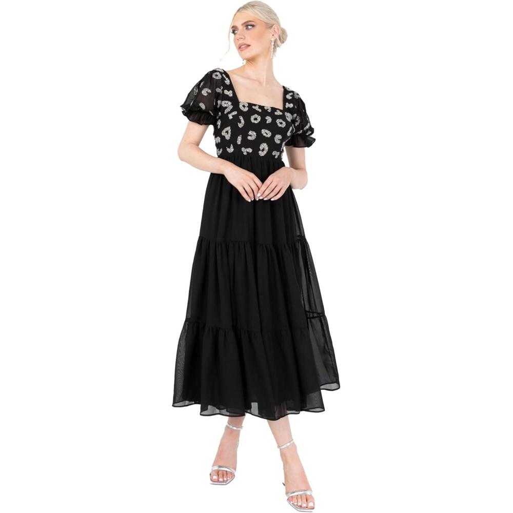 imageLovedrobe Womens Midaxi Dress Ladies Animal Sequin Embellished Short Puff Sleeve Square Neck ALine for Evening Party Cocktail Robe FemmeNoir