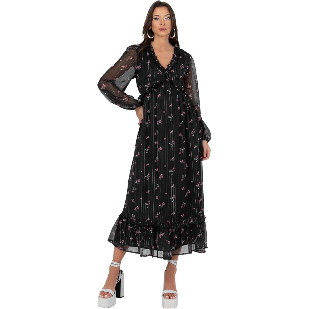 imageLovedrobe Womens Midaxi Dress Ladies Long Sleeve VNeckline Tie Back Frilly Ruffle Detail ALine Printed Smart Casual Occasion Robe FemmeNoir