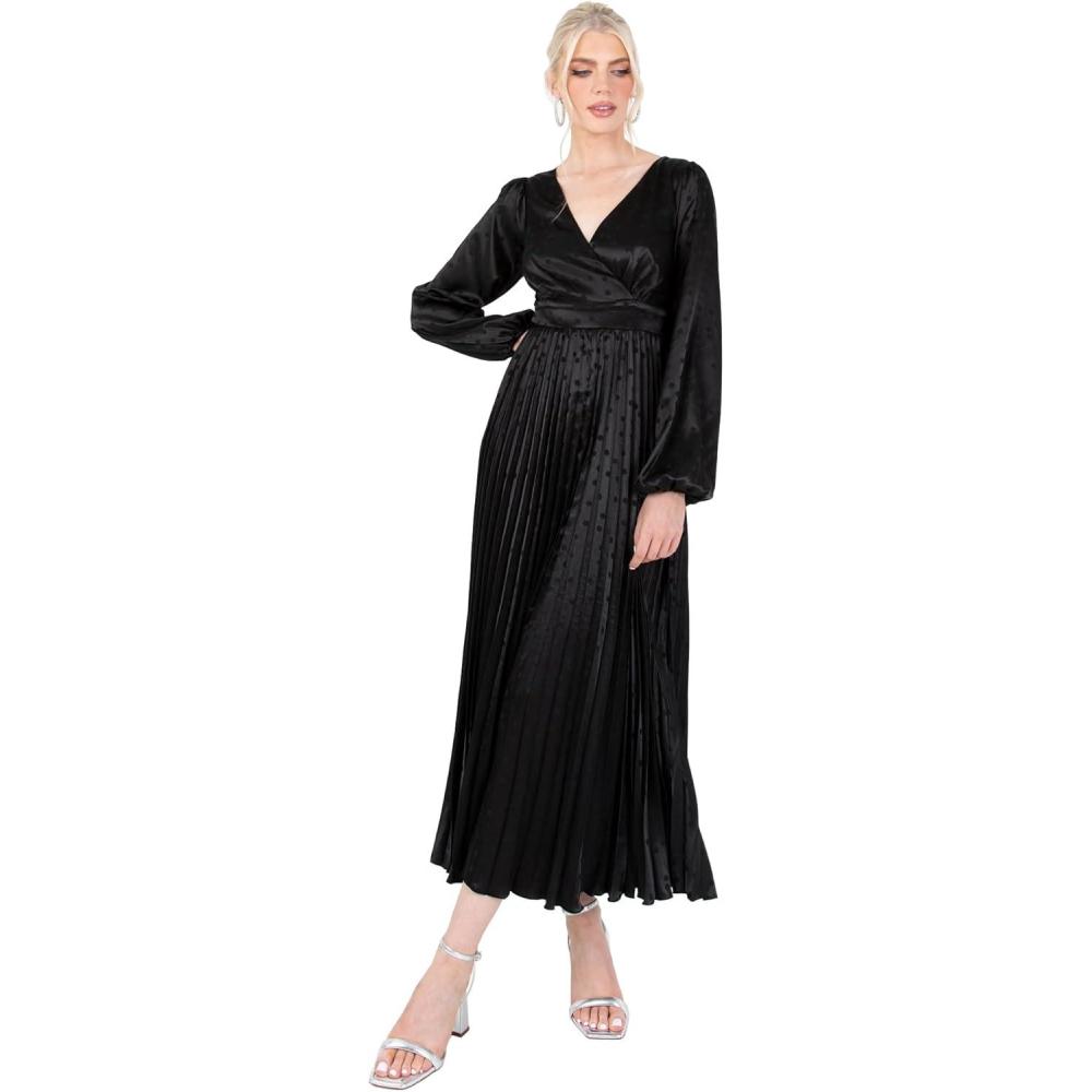 imageLovedrobe Womens Midaxi Dress Ladies Pleated Satin VNeck Long Bishop Sleeve Empire ALine for Evening Occasion Party Prom Ball Robe