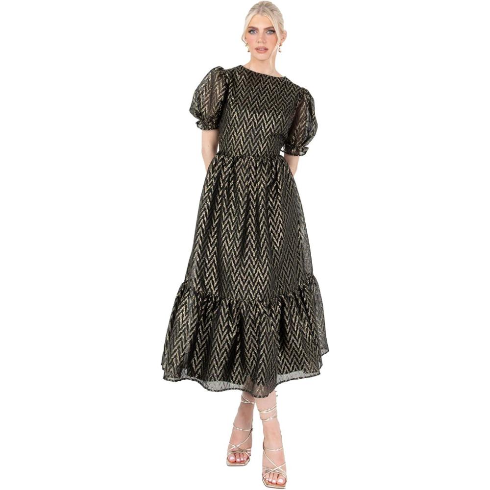 imageLovedrobe Womens Midaxi Dress Ladies Round Neck Short Puff Sleeves Metallic Zigzag TieBack ALine for Party Evening Occasion Robe FemmeNoir