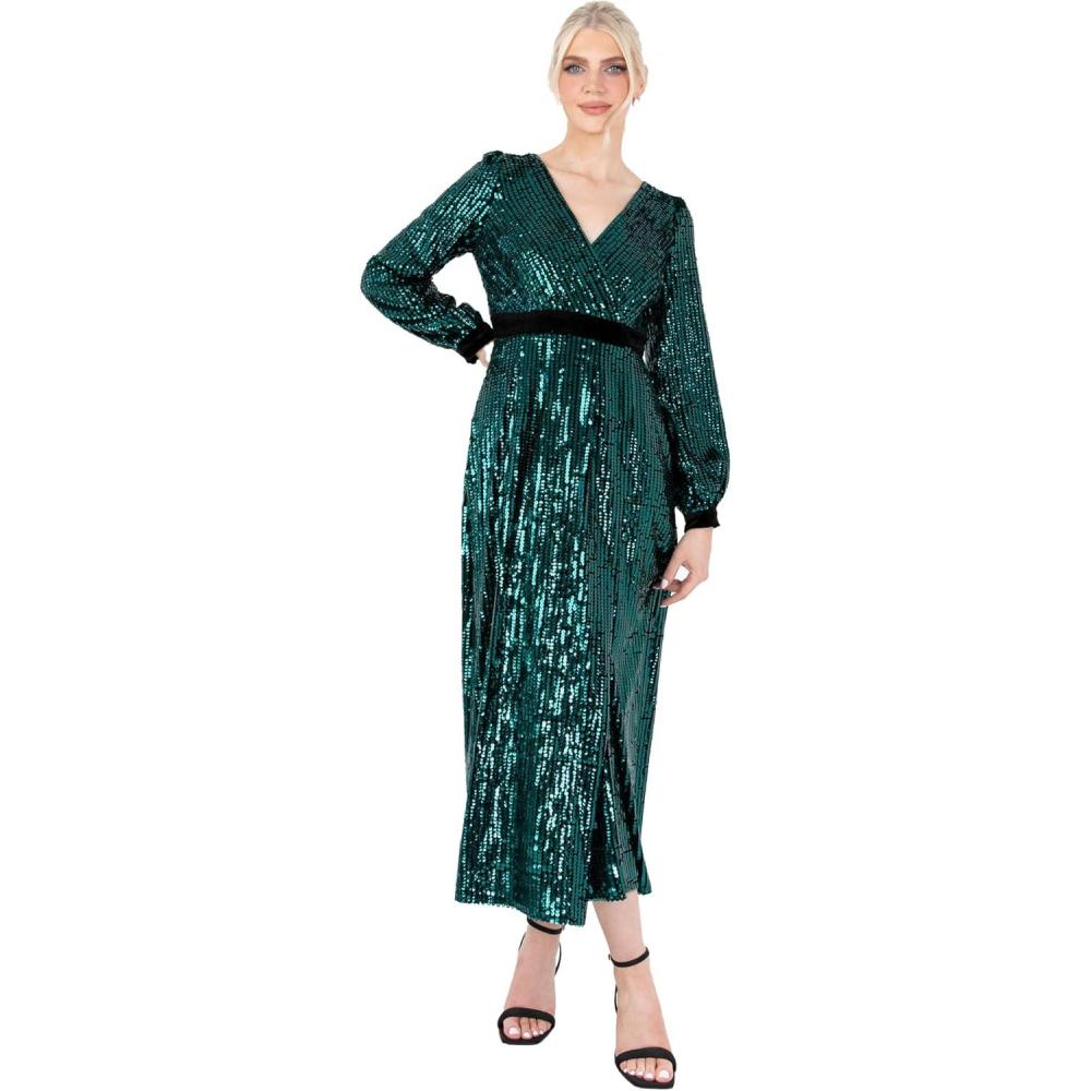 imageLovedrobe Womens Midaxi Dress Ladies Sequin Embellished Long Sleeve VNeck Faux Wrap Velvet Bow Split for Party Evening Occasion Robe FemmeVert