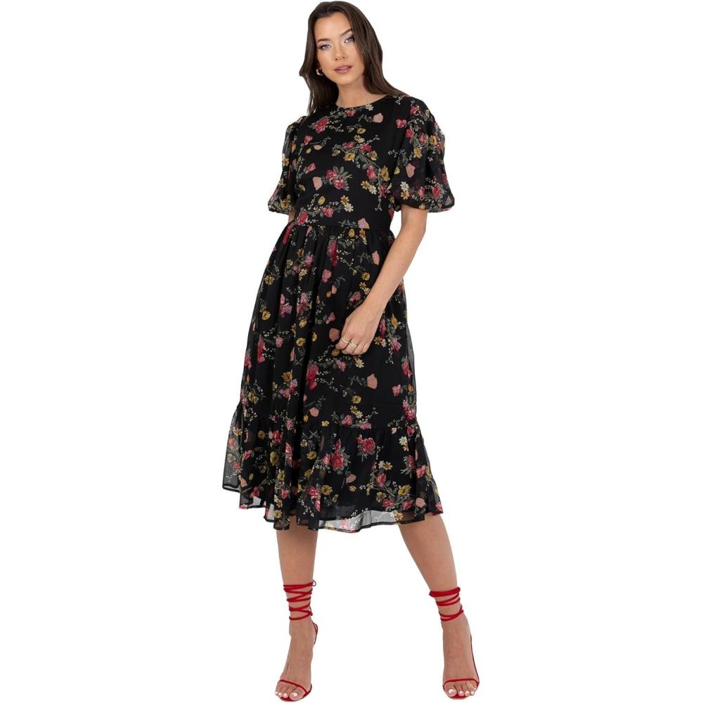 imageLovedrobe Womens Midi Dress Ladies Round Neck Short Puff Sleeve Frilly Ruffle Detail Tie Back Printed ALine Smart Casual Imprim Floral 40