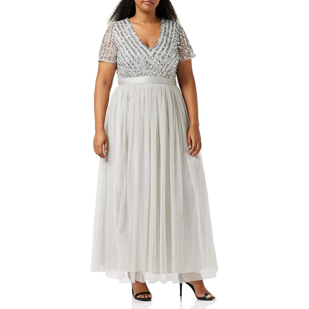 imageMaya Deluxe Robe Longue pour FemmeCol en VManches CourteslganteTaille EmpireMariageGris Clair