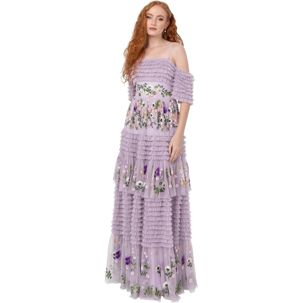 imageMaya Deluxe Womens Ladies Maxi Dress OffTheShoulder Bardot Spaghetti Strap Floral Embroidered Tiered Ruffle Tulle Wedding Guest FemmeLilas