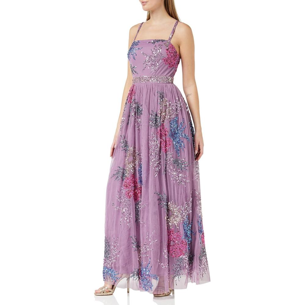 imageMaya Deluxe Womens Sequin Dress for Ladies Maxi Stripes Floral Embellishment Sleeveless Wedding Guest Prom Bridesmaid Robe Formelle FemmeMauve