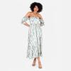 Lovedrobe Women&rsquo;s Ladies Midaxi Dress Bardot Off-The-Shoulder Neckline Short Ruffle Sleeve A-Line Split Leg Abstract Print Dress Femme (Lot de 1)(Bleu)
