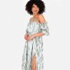 Lovedrobe Women&rsquo;s Ladies Midaxi Dress Bardot Off-The-Shoulder Neckline Short Ruffle Sleeve A-Line Split Leg Abstract Print Dress Femme (Lot de 1)(Bleu)