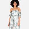 Lovedrobe Women&rsquo;s Ladies Midaxi Dress Bardot Off-The-Shoulder Neckline Short Ruffle Sleeve A-Line Split Leg Abstract Print Dress Femme (Lot de 1)(Bleu)