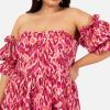 Lovedrobe Women&rsquo;s Ladies Midaxi Dress Bardot Off-The-Shoulder Neckline Short Ruffle Sleeve A-Line Split Leg Abstract Print Dress Femme (Lot de 1)(Rose)