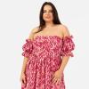 Lovedrobe Women&rsquo;s Ladies Midaxi Dress Bardot Off-The-Shoulder Neckline Short Ruffle Sleeve A-Line Split Leg Abstract Print Dress Femme (Lot de 1)(Rose)