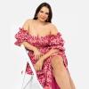 Lovedrobe Women&rsquo;s Ladies Midaxi Dress Bardot Off-The-Shoulder Neckline Short Ruffle Sleeve A-Line Split Leg Abstract Print Dress Femme (Lot de 1)(Rose)