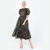 Lovedrobe Women&rsquo;s Midaxi Dress Ladies Round Neck Short Puff Sleeves Metallic Zig-zag Tie-Back A-Line for Party Evening Occasion Robe Femme(Noir)