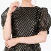 Lovedrobe Women&rsquo;s Midaxi Dress Ladies Round Neck Short Puff Sleeves Metallic Zig-zag Tie-Back A-Line for Party Evening Occasion Robe Femme(Noir)