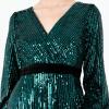 Lovedrobe Women&rsquo;s Midaxi Dress Ladies Sequin Embellished Long Sleeve V-Neck Faux Wrap Velvet Bow Split for Party Evening Occasion Robe Femme(Vert)