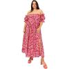 Lovedrobe Women&rsquo;s Ladies Midaxi Dress Bardot Off-The-Shoulder Neckline Short Ruffle Sleeve A-Line Split Leg Abstract Print Dress Femme (Lot de 1)(Rose)