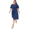 Lovedrobe Women&rsquo;s Ladies Midi Dress Round Neck Short Puff Sleeves Crossover Elasticated Waist Leaf Print Textured A-Line Casual Robe Femme (Lot de 1)(Bleu)