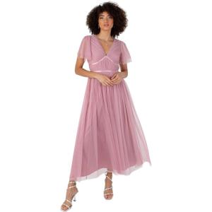 Anaya with Love Women&rsquo;s Ladies Midaxi Dress V-Neck Short Flutter Sleeve Ribbon A-Line Tulle for Bridesmaid Wedding Guest Prom Ball Gown Femme(Bridal Rose)