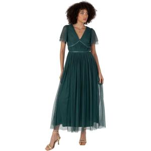 Anaya with Love Women&rsquo;s Ladies Midaxi Dress V-Neck Short Flutter Sleeve Ribbon A-Line Tulle for Bridesmaid Wedding Guest Prom Ball Gown Femme(Emerald Green)