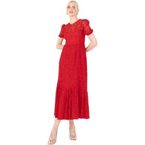Lovedrobe Midaxi Robe À Manches Courtes en Dentelle Empire A-Line Tie Back for Wedding Guest Bridesmaid Evening Occasion Robe Femme (Lot de 1)(Rouge)