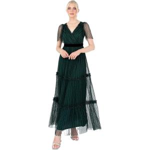 Lovedrobe Robe Longue pour Femme Col en V Manches Courtes Tulle Ruffles Wrap Top Velours Taille pour Soirée Occasion Fête(Vert)