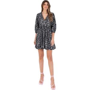 Lovedrobe Women&rsquo;s Ladies Knee-Length Dress Long Puff Sleeve V-Neck Wrap Front Smock Shift Abstract Leaf Print Cotton Casual Femme(Noir)