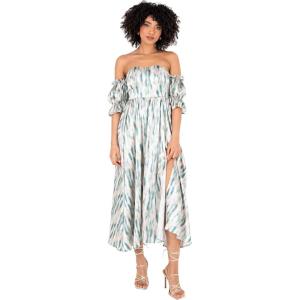 Lovedrobe Women&rsquo;s Ladies Midaxi Dress Bardot Off-The-Shoulder Neckline Short Ruffle Sleeve A-Line Split Leg Abstract Print Dress Femme (Lot de 1)(Bleu)