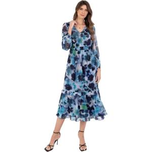 Lovedrobe Women&rsquo;s Ladies Midaxi Dress Long Balloon Sleeve V-Neck Tiered Ruffle Abstract Floral Print A-Line Elasticated Waist Femme(Bleu)
