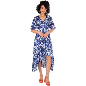 Lovedrobe Women&rsquo;s Ladies Midaxi Dress V-Neck Cape Sleeve Abstract Floral Print Ruffle Hi Low Hem Wrap Belted A-Line Femme(Bleu)