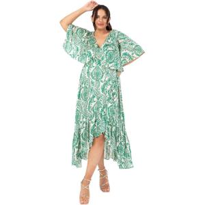 Lovedrobe Women&rsquo;s Ladies Midaxi Dress V-Neck Cape Sleeve Abstract Floral Print Ruffle Hi Low Hem Wrap Belted A-Line Femme(Vert)