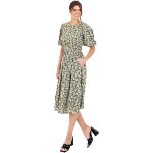 Lovedrobe Women&rsquo;s Ladies Midi Dress Round Neck Short Puff Sleeves Crossover Elasticated Waist Leaf Print Textured A-Line Casual Robe Femme (Lot de 1)(Vert)