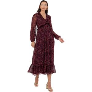 Lovedrobe Women&rsquo;s Midaxi Dress Ladies Long Sleeve V-Neckline Tie Back Frilly Ruffle Detail A-Line Printed Smart Casual Occasion Robe Femme(Rose)
