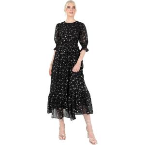 Lovedrobe Women&rsquo;s Midaxi Dress Ladies Puff Sleeve Round Neck Frill Tiered Hem Star Print Empire A-Line for Party Cocktail Evening Robe Femme(Noir)