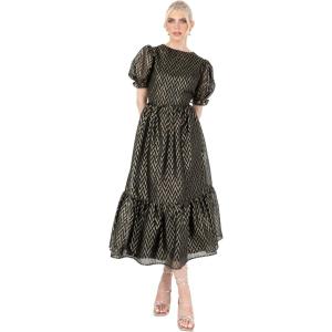 Lovedrobe Women&rsquo;s Midaxi Dress Ladies Round Neck Short Puff Sleeves Metallic Zig-zag Tie-Back A-Line for Party Evening Occasion Robe Femme(Noir)